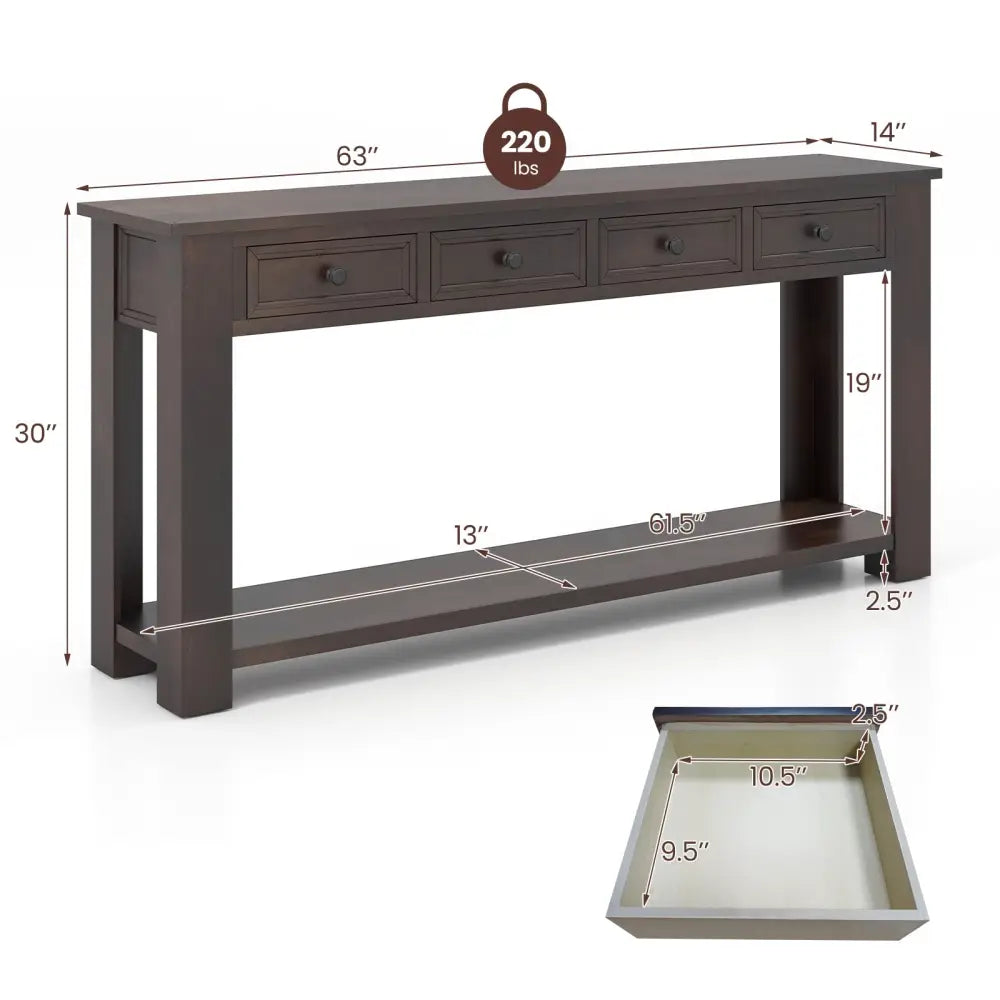 63 Inches Farmhouse Entryway Table with 4 Storage Drawers and Open Shelf-Espresso - Espresso - Console Tables