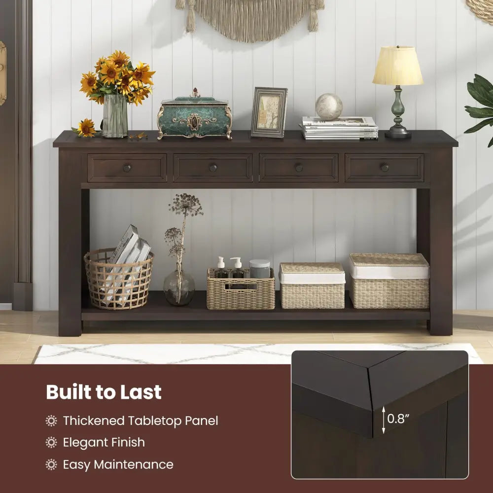 63 Inches Farmhouse Entryway Table with 4 Storage Drawers and Open Shelf-Espresso - Espresso - Console Tables
