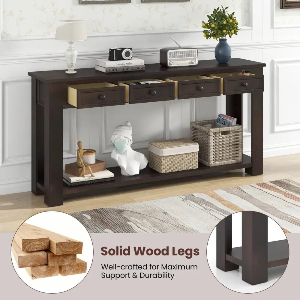 63 Inches Farmhouse Entryway Table with 4 Storage Drawers and Open Shelf-Espresso - Espresso - Console Tables