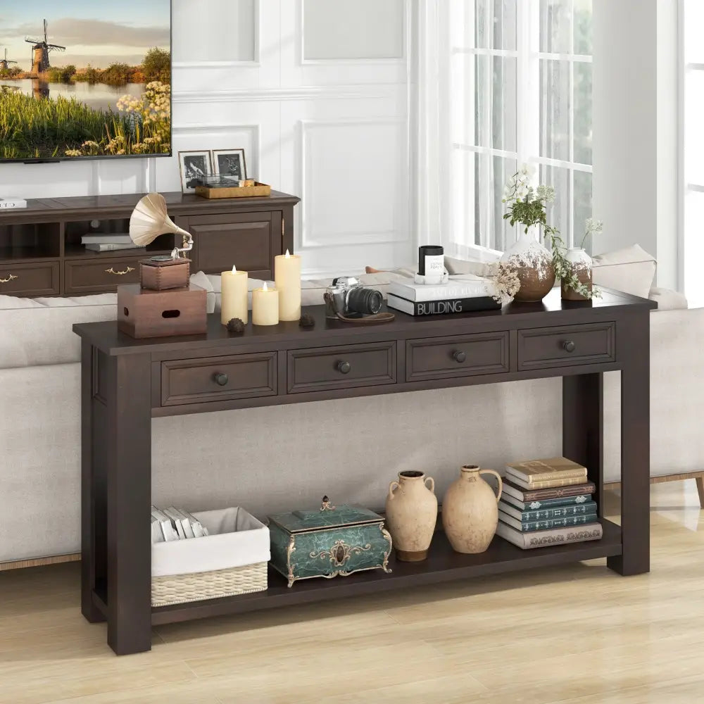 63 Inches Farmhouse Entryway Table with 4 Storage Drawers and Open Shelf-Espresso - Espresso - Console Tables