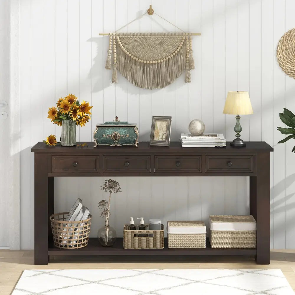 63 Inches Farmhouse Entryway Table with 4 Storage Drawers and Open Shelf-Espresso - Espresso - Console Tables