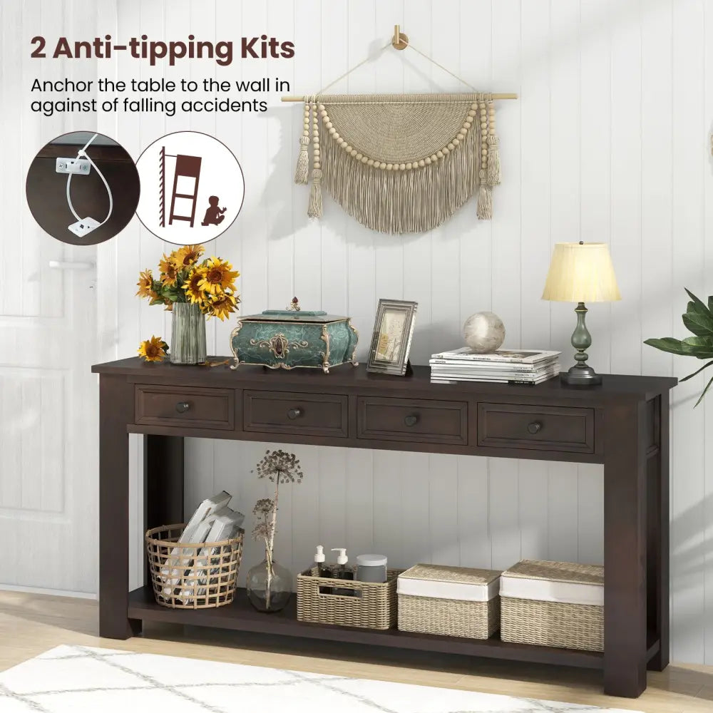 63 Inches Farmhouse Entryway Table with 4 Storage Drawers and Open Shelf-Espresso - Espresso - Console Tables