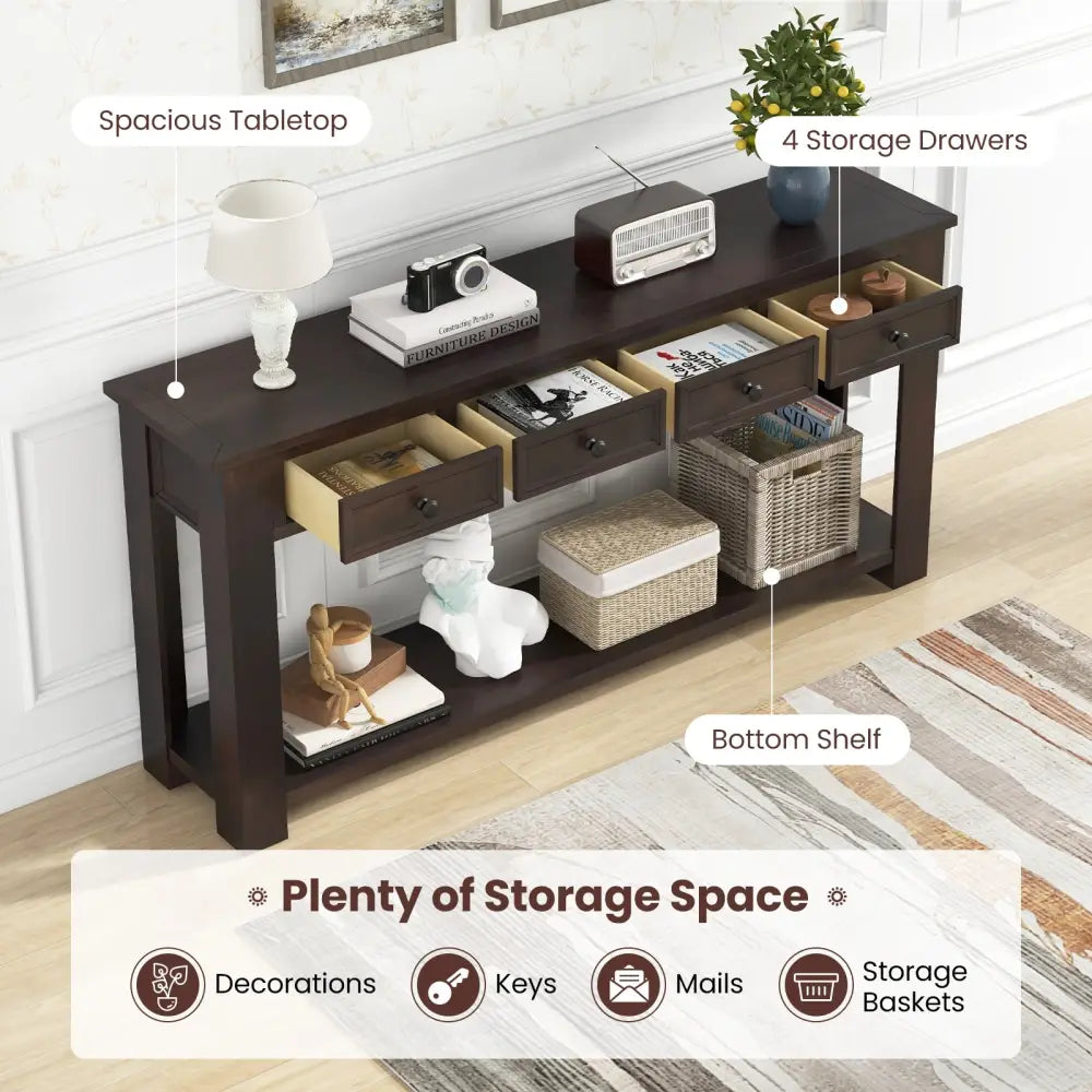 63 Inches Farmhouse Entryway Table with 4 Storage Drawers and Open Shelf-Espresso - Espresso - Console Tables