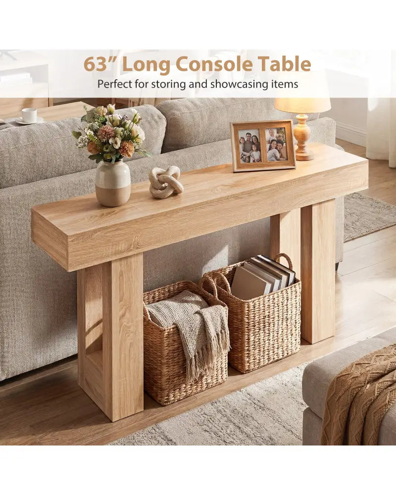 63 Inches Long Console Table Farmhouse Entryway Table with Storage-Natural - Natural - Console Tables