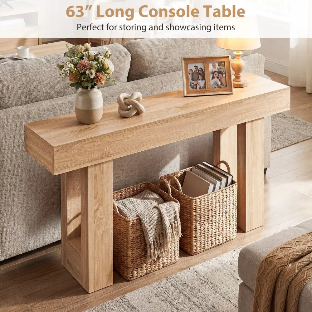 63 Inches Long Console Table Farmhouse Entryway Table with Storage-Natural - Natural - Console Tables