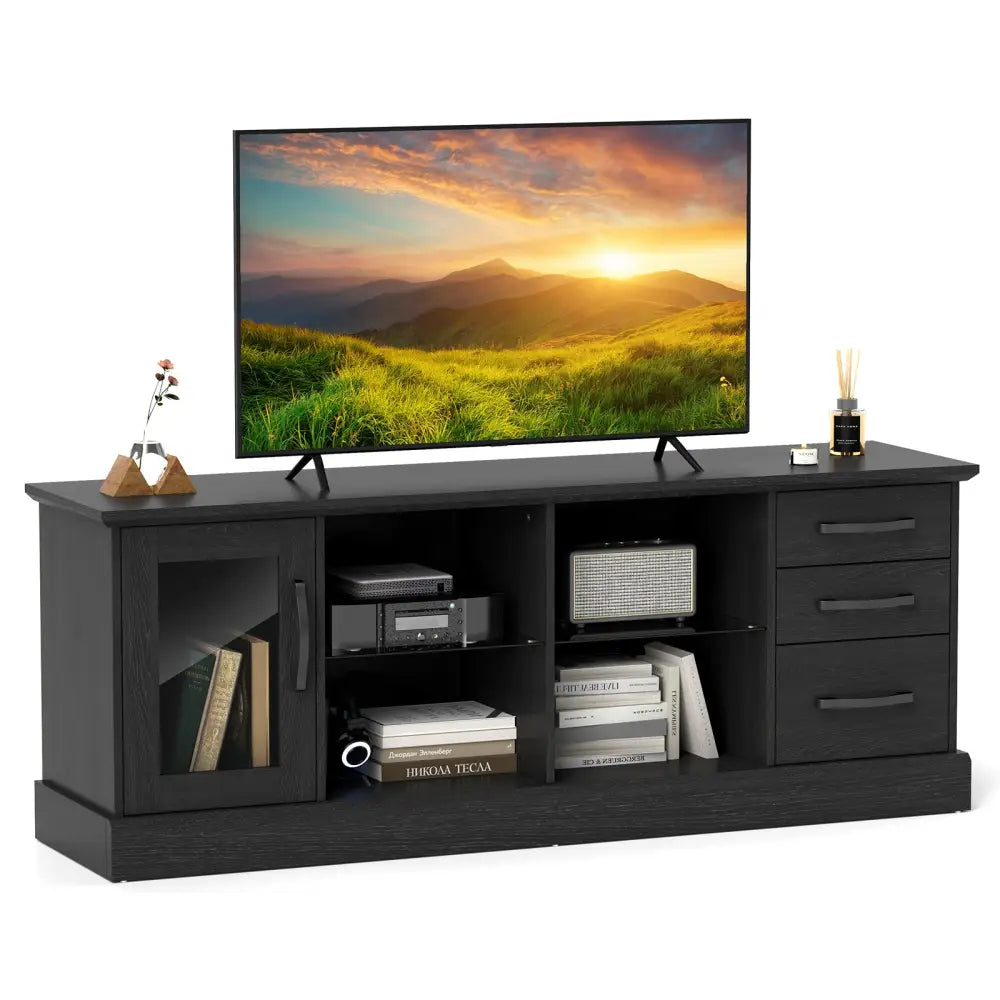 63 Inches Media Console Table with 3 Drawers and 2 Glass Shelves-Black - Black - Entertainment Centers & TV Stands