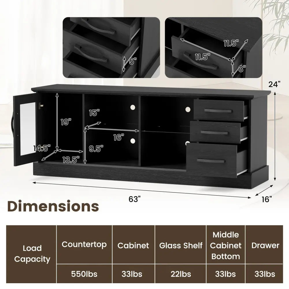 63 Inches Media Console Table with 3 Drawers and 2 Glass Shelves-Black - Black - Entertainment Centers & TV Stands