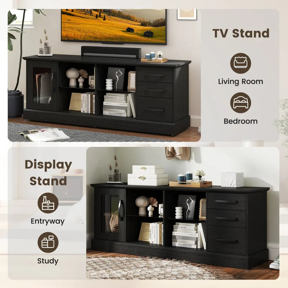 63 Inches Media Console Table with 3 Drawers and 2 Glass Shelves-Black - Black - Entertainment Centers & TV Stands