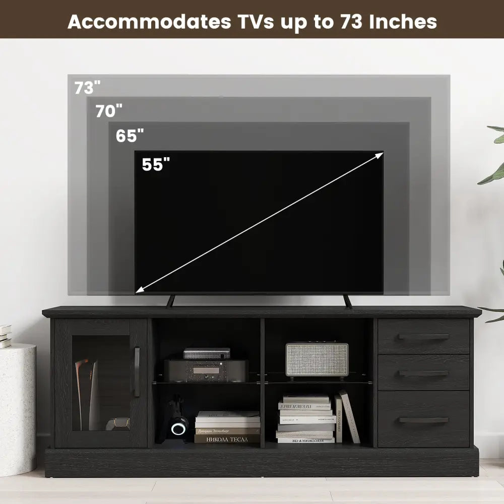 63 Inches Media Console Table with 3 Drawers and 2 Glass Shelves-Black - Black - Entertainment Centers & TV Stands