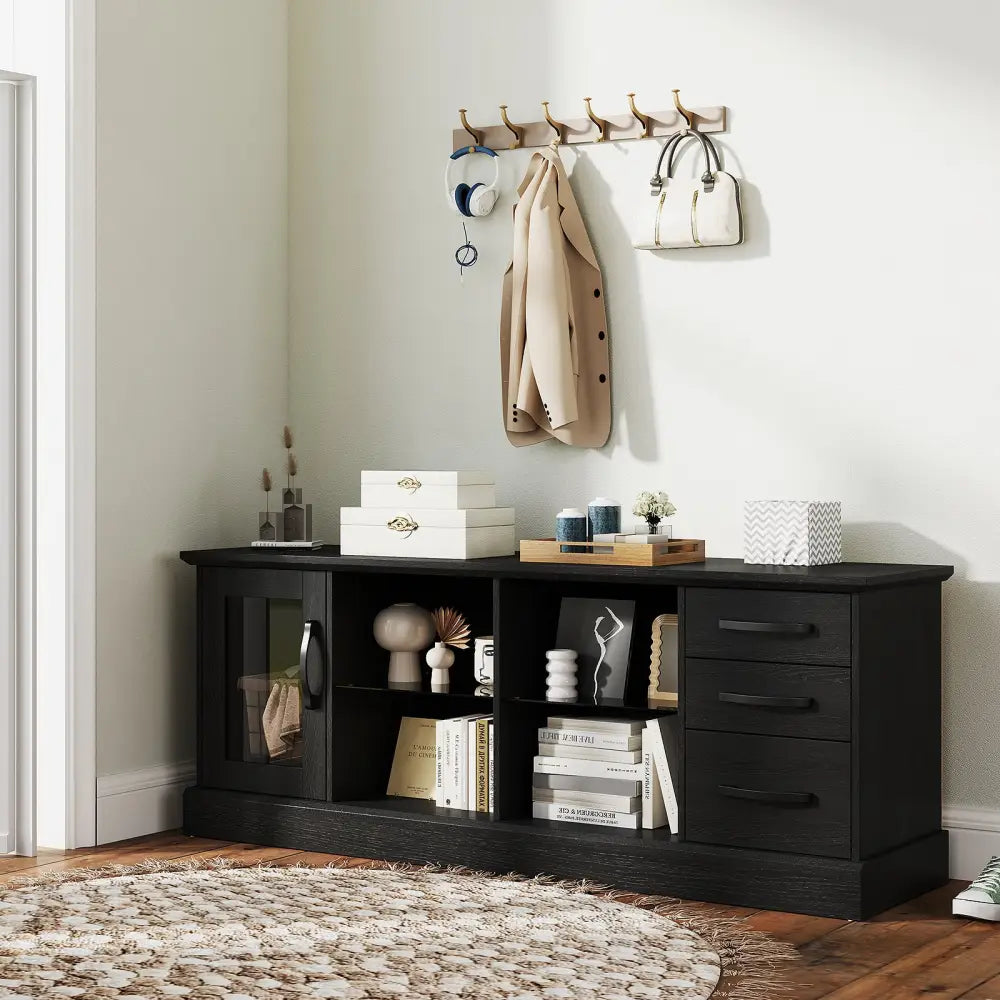 63 Inches Media Console Table with 3 Drawers and 2 Glass Shelves-Black - Black - Entertainment Centers & TV Stands