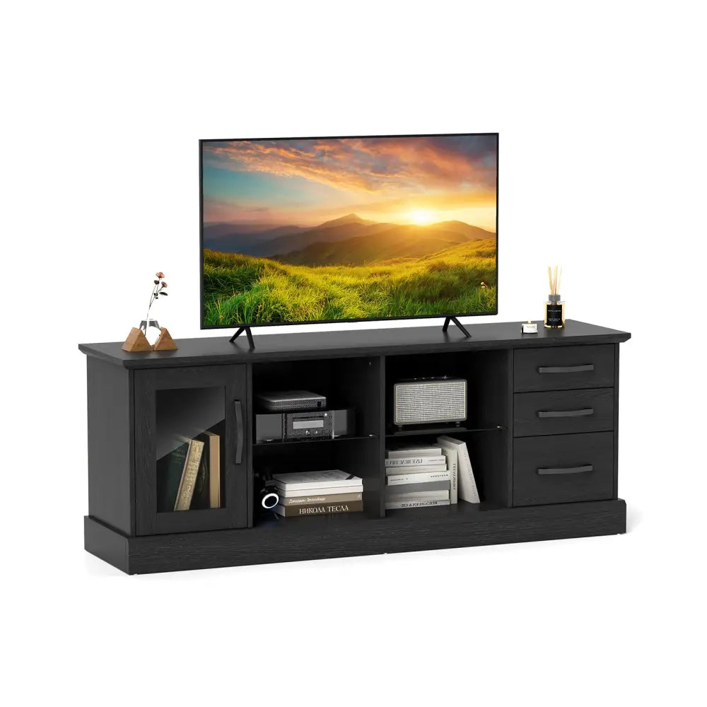 63 Inches Media Console Table with 3 Drawers and 2 Glass Shelves-Black - Black - Entertainment Centers & TV Stands
