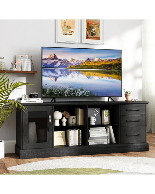 63 Inches Media Console Table with 3 Drawers and 2 Glass Shelves-Black - Black - Entertainment Centers & TV Stands
