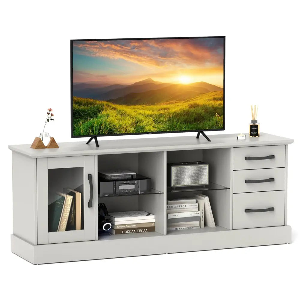 63 Inches Media Console Table with 3 Drawers and 2 Glass Shelves-Gray - Gray - Entertainment Centers & TV Stands