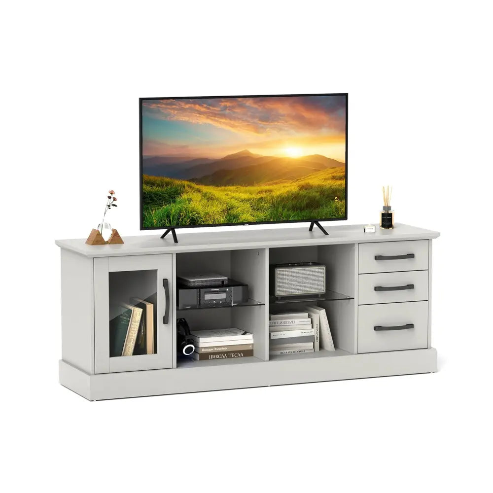 63 Inches Media Console Table with 3 Drawers and 2 Glass Shelves-Gray - Gray - Entertainment Centers & TV Stands