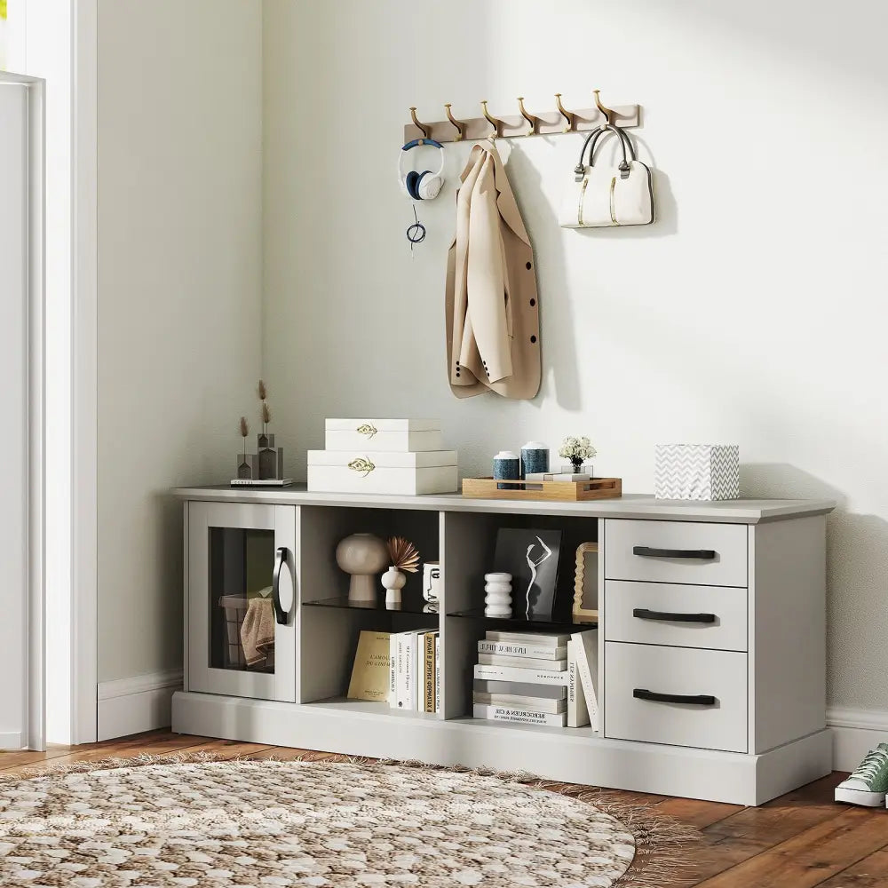 63 Inches Media Console Table with 3 Drawers and 2 Glass Shelves-Gray - Gray - Entertainment Centers & TV Stands