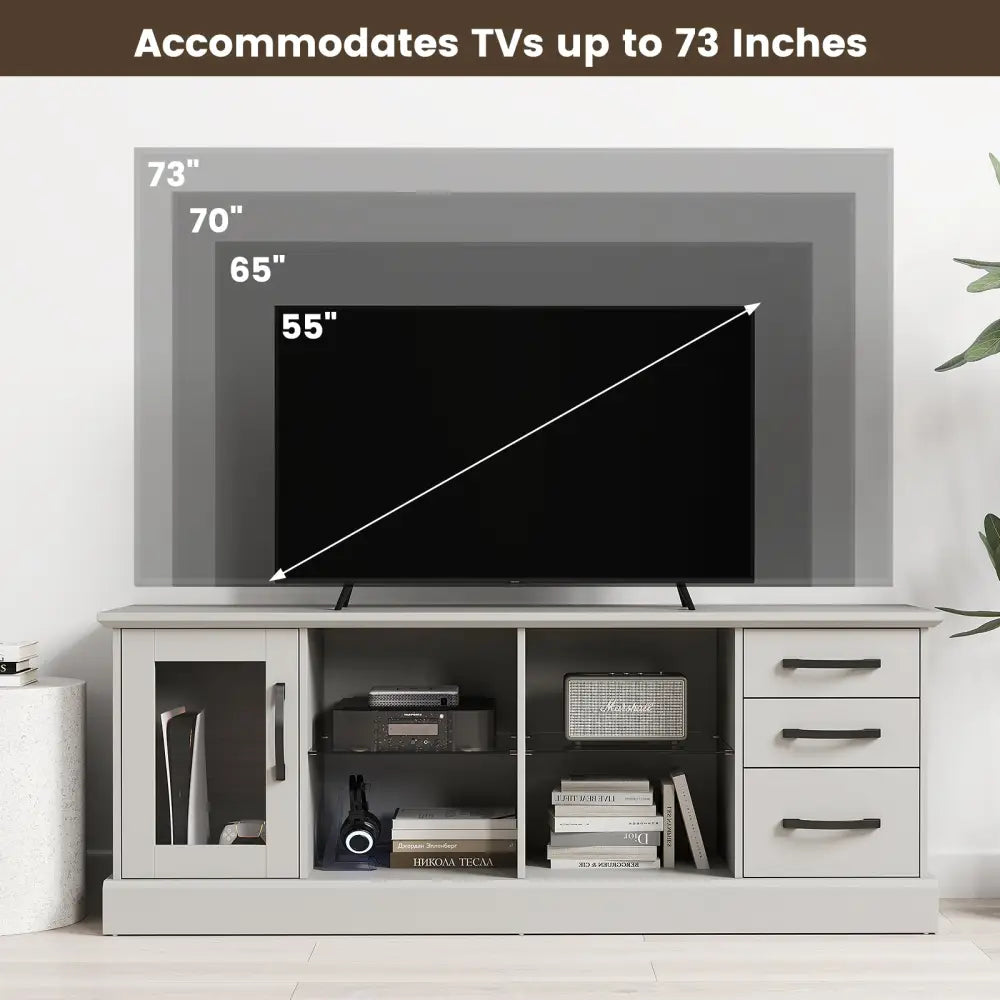 63 Inches Media Console Table with 3 Drawers and 2 Glass Shelves-Gray - Gray - Entertainment Centers & TV Stands