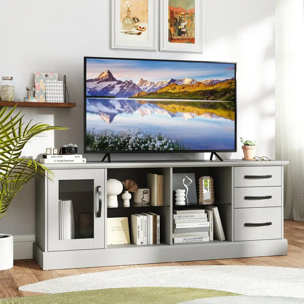 63 Inches Media Console Table with 3 Drawers and 2 Glass Shelves-Gray - Gray - Entertainment Centers & TV Stands