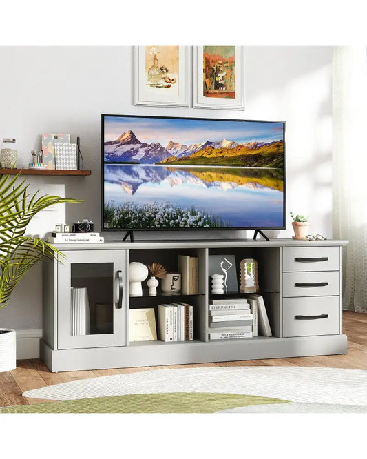 63 Inches Media Console Table with 3 Drawers and 2 Glass Shelves-Gray - Gray - Entertainment Centers & TV Stands