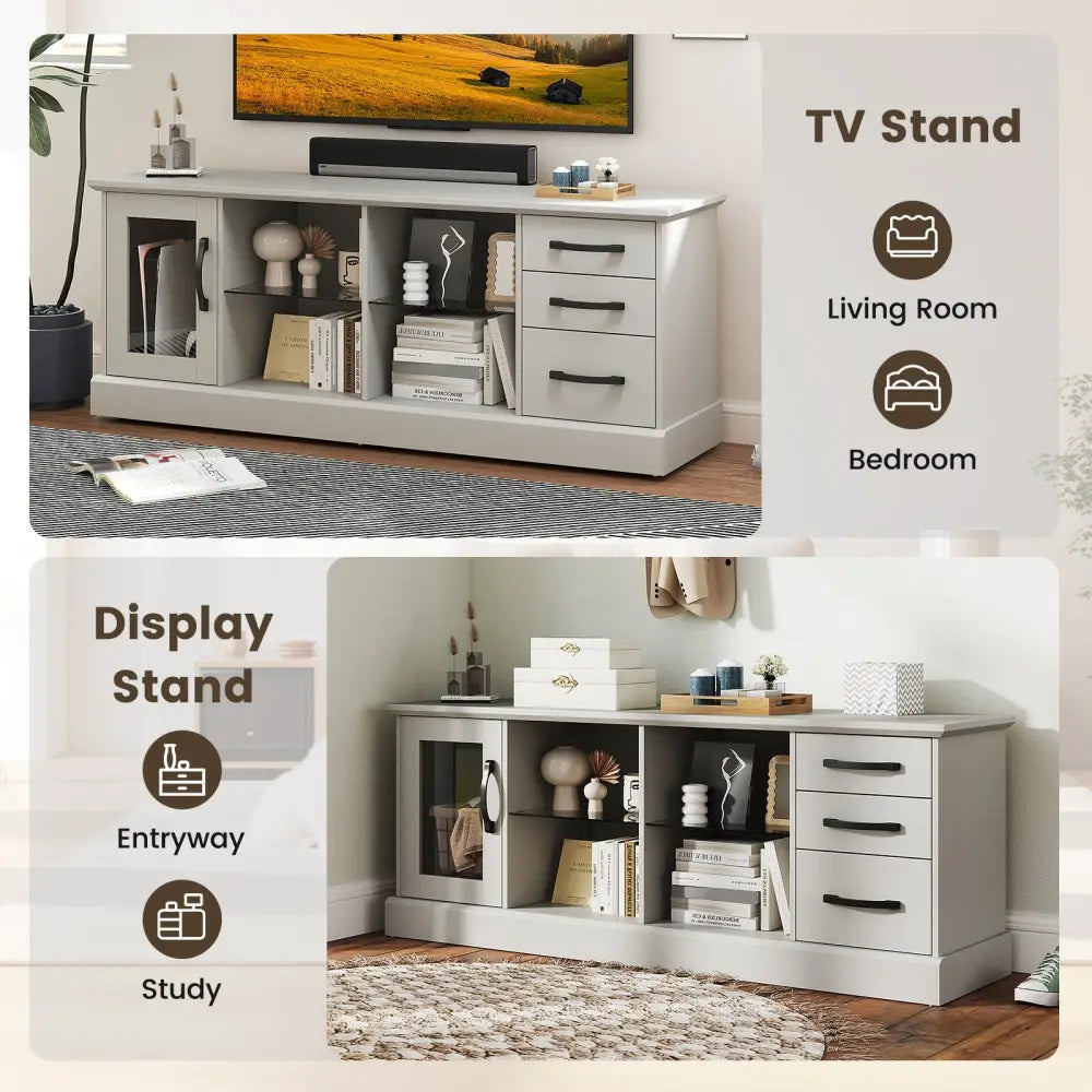 63 Inches Media Console Table with 3 Drawers and 2 Glass Shelves-Gray - Gray - Entertainment Centers & TV Stands