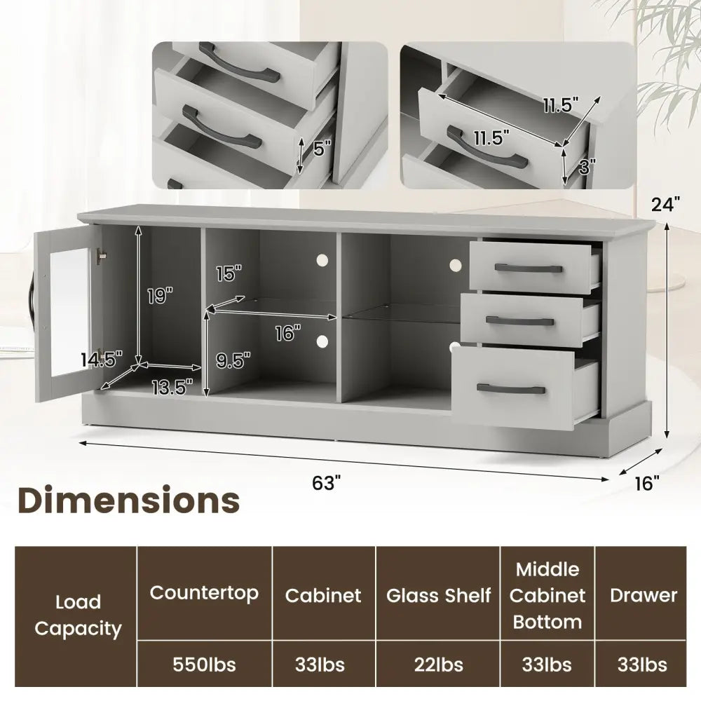63 Inches Media Console Table with 3 Drawers and 2 Glass Shelves-Gray - Gray - Entertainment Centers & TV Stands
