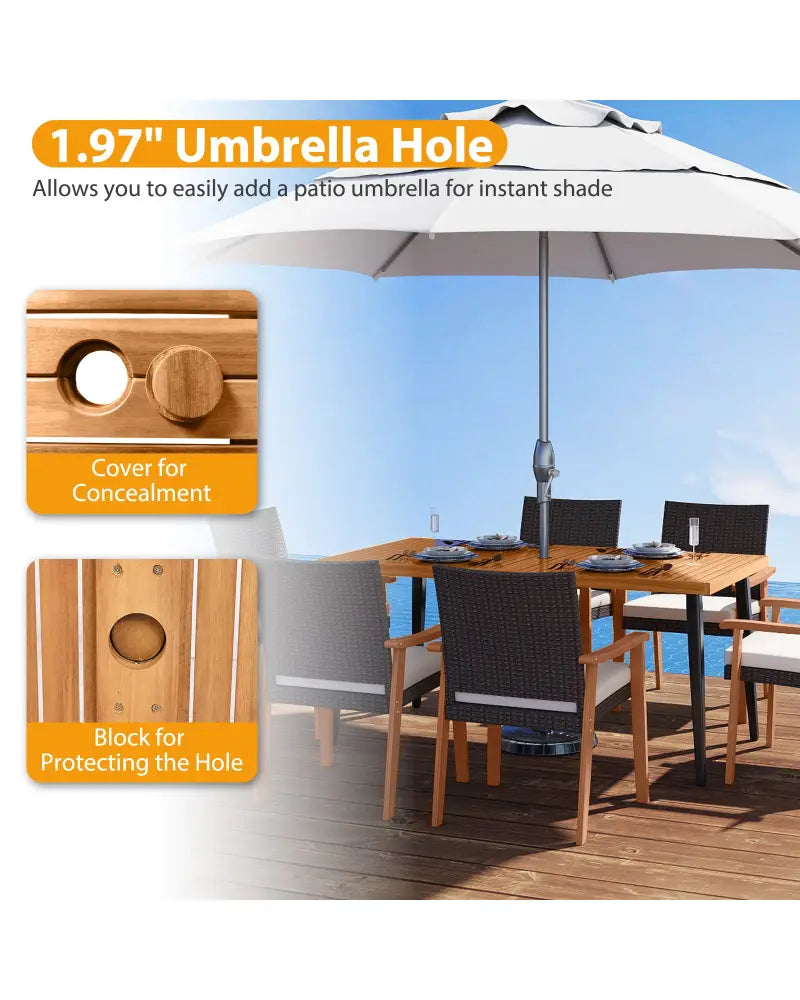 63 Inches Outdoor Indoor Dining Table with 1.97 Inches Umbrella Hole and Metal Legs - Patio Dining Tables