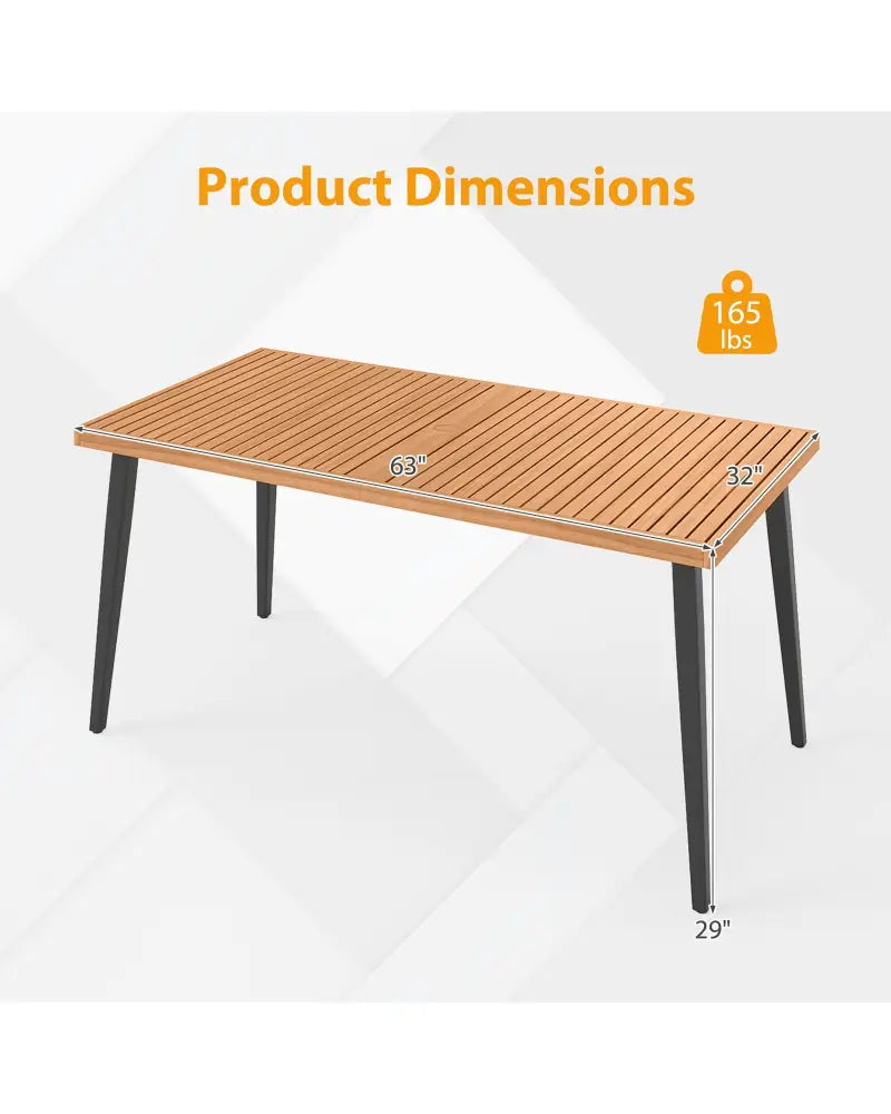 63 Inches Outdoor Indoor Dining Table with 1.97 Inches Umbrella Hole and Metal Legs - Patio Dining Tables