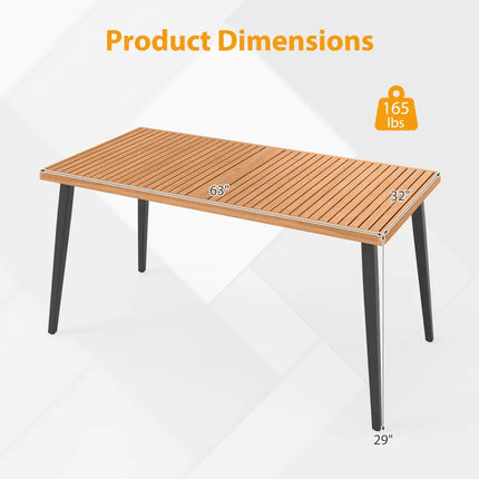 63 Inches Outdoor Indoor Dining Table with 1.97 Inches Umbrella Hole and Metal Legs - Patio Dining Tables
