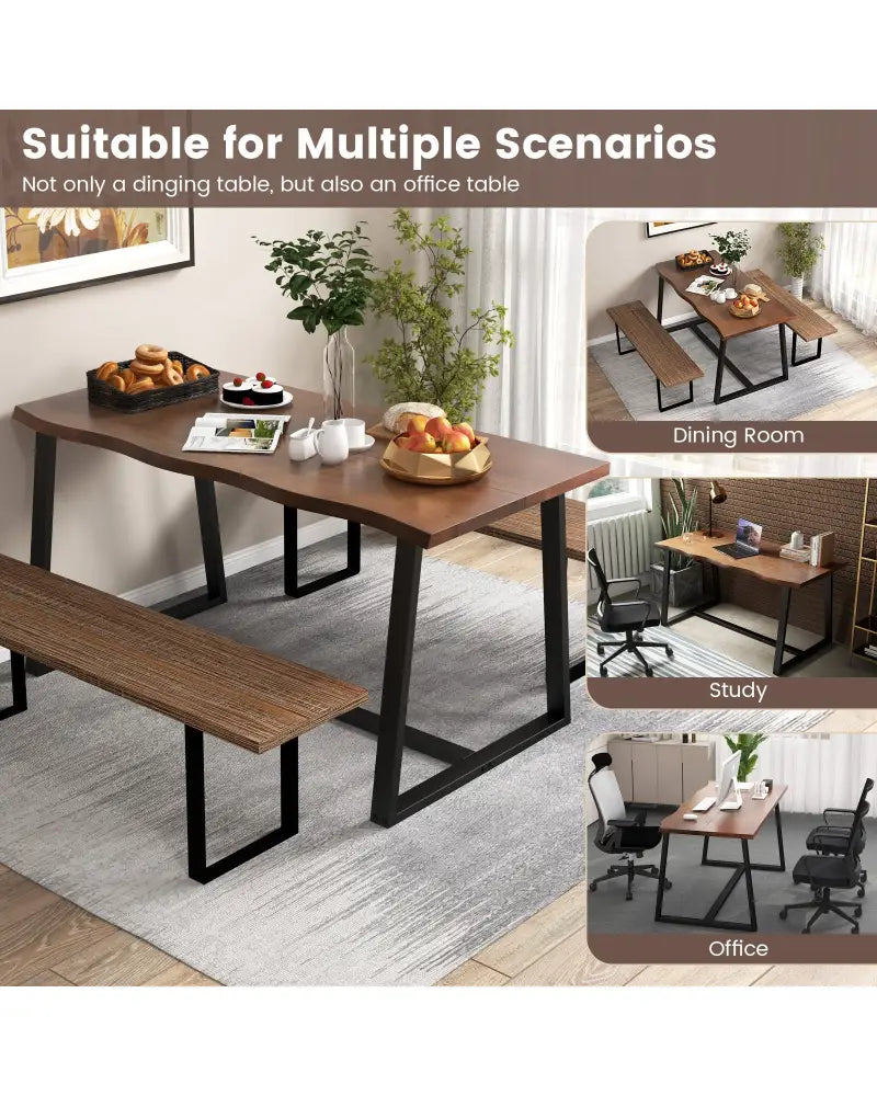 63’’ Large Dining Table with Wavy Edge and Heavy-duty Metal Frame-Coffee - Coffee - Dining Tables
