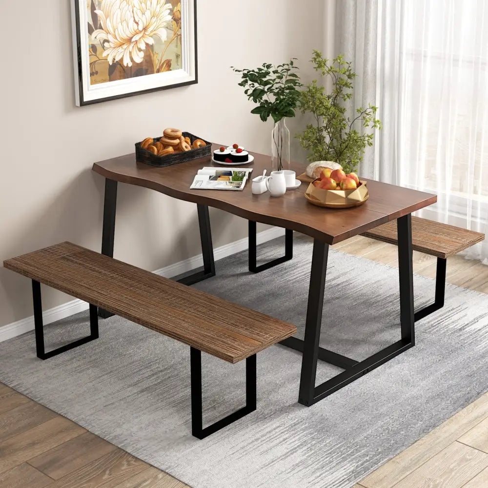 63’’ Large Dining Table with Wavy Edge and Heavy-duty Metal Frame-Coffee - Coffee - Dining Tables