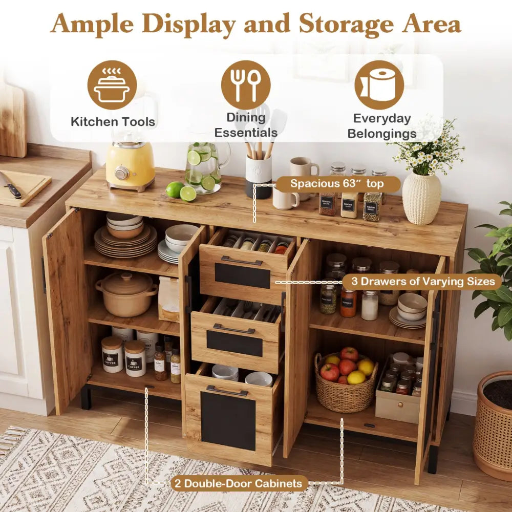 63’’ Sideboard Buffet Cabinet with 3 Drawers and Storage Shelves-Natural - Natural - Sideboards Cabinets & Buffets