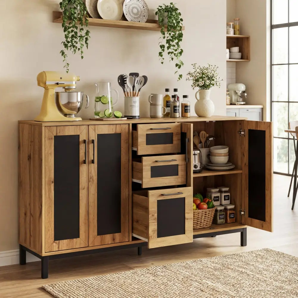 63’’ Sideboard Buffet Cabinet with 3 Drawers and Storage Shelves-Natural - Natural - Sideboards Cabinets & Buffets