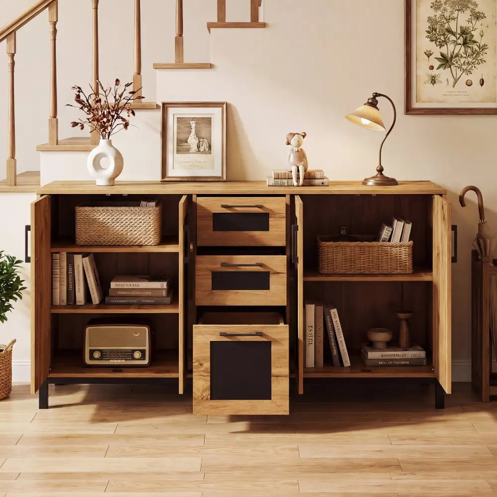 63’’ Sideboard Buffet Cabinet with 3 Drawers and Storage Shelves-Natural - Natural - Sideboards Cabinets & Buffets