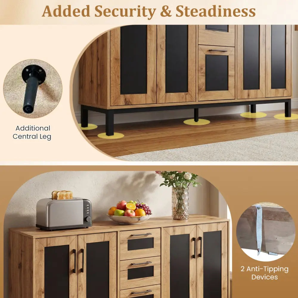 63’’ Sideboard Buffet Cabinet with 3 Drawers and Storage Shelves-Natural - Natural - Sideboards Cabinets & Buffets