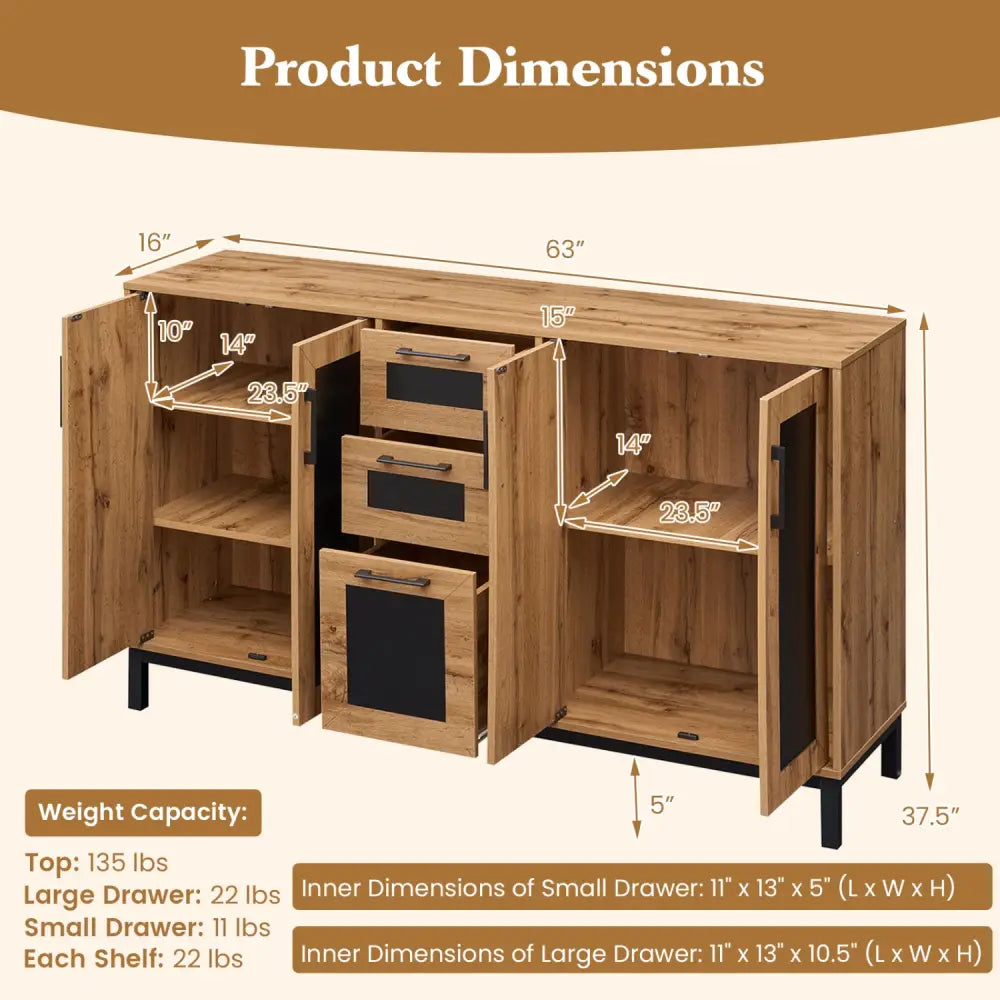 63’’ Sideboard Buffet Cabinet with 3 Drawers and Storage Shelves-Natural - Natural - Sideboards Cabinets & Buffets