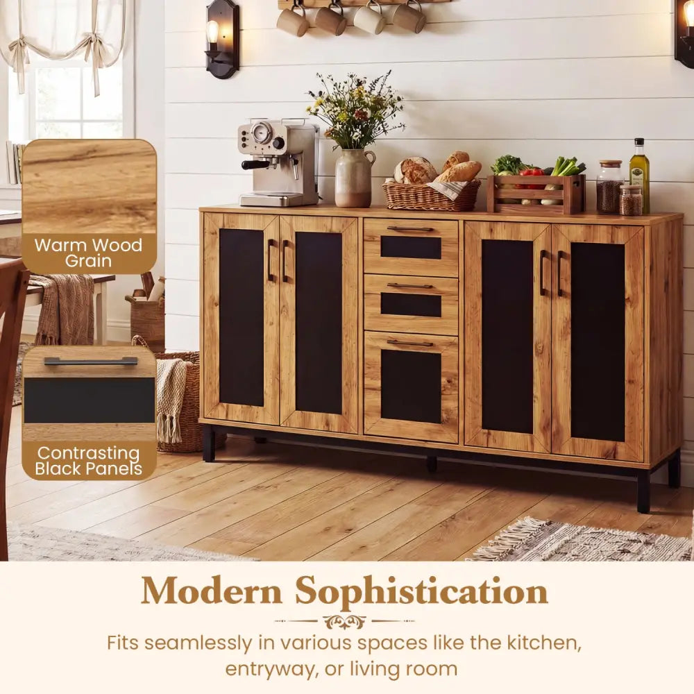 63’’ Sideboard Buffet Cabinet with 3 Drawers and Storage Shelves-Natural - Natural - Sideboards Cabinets & Buffets