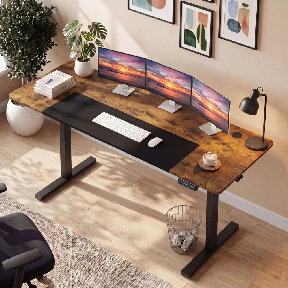 63 x 24 Inch Height Adjustable Sit Stand Computer Desk with 3 Memory Presets-Rustic Brown - Rustic Brown - Computer