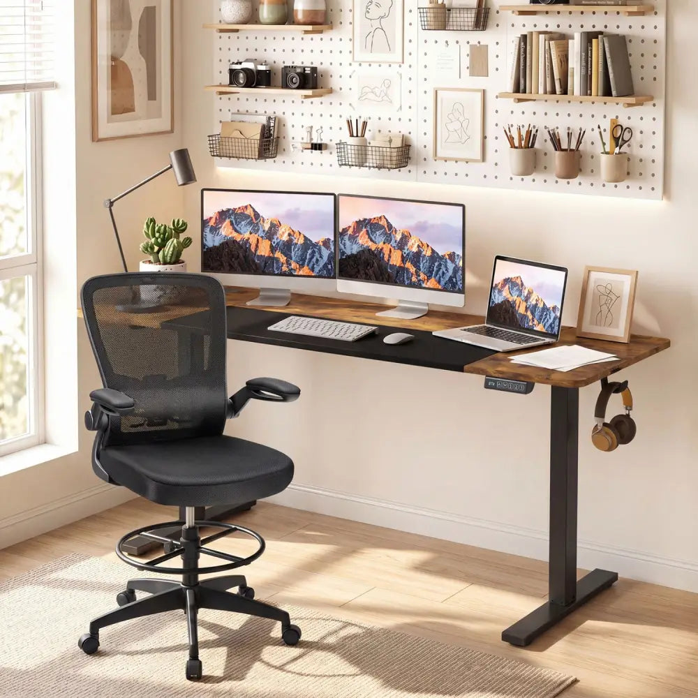 63 x 24 Inch Height Adjustable Sit Stand Computer Desk with 3 Memory Presets-Rustic Brown - Rustic Brown - Computer