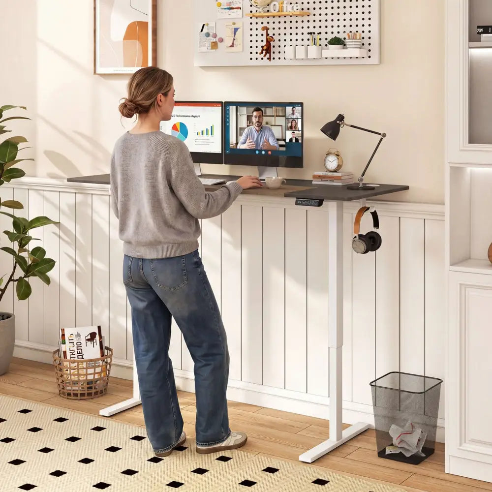 63 x 24 Inch Height Adjustable Sit Stand Computer Desk with 3 Memory Presets-Grey - Gray - Computer Desks