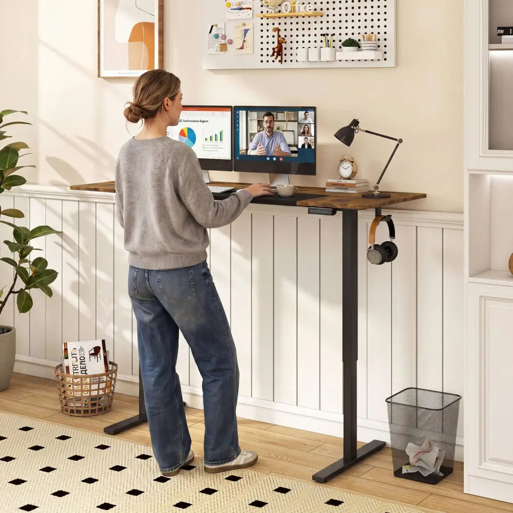 63 x 24 Inch Height Adjustable Sit Stand Computer Desk with 3 Memory Presets-Rustic Brown - Rustic Brown - Computer