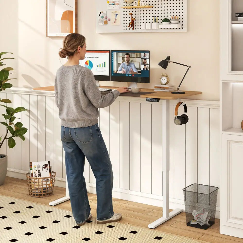 63 x 24 Inch Height Adjustable Sit Stand Computer Desk with 3 Memory Presets-Natural - Natural & White - Computer Desks