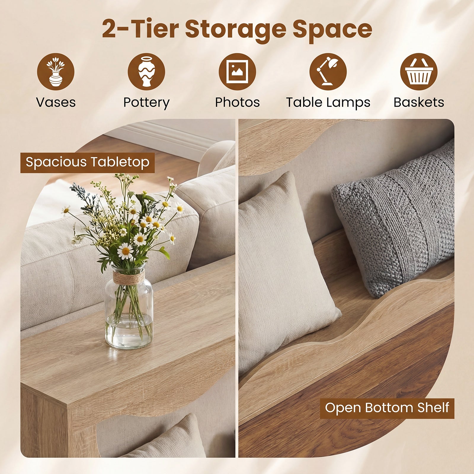 63 Inch Console Table 2-Tier Narrow Entryway Table with Wavy Edge Storage Shelf-Natural