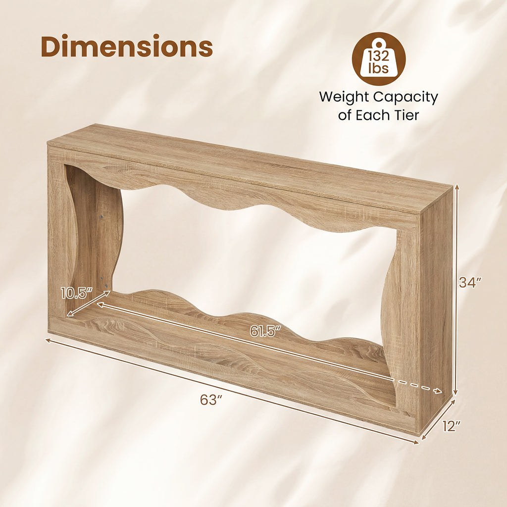 63 Inch Console Table 2-Tier Narrow Entryway Table with Wavy Edge Storage Shelf-Natural