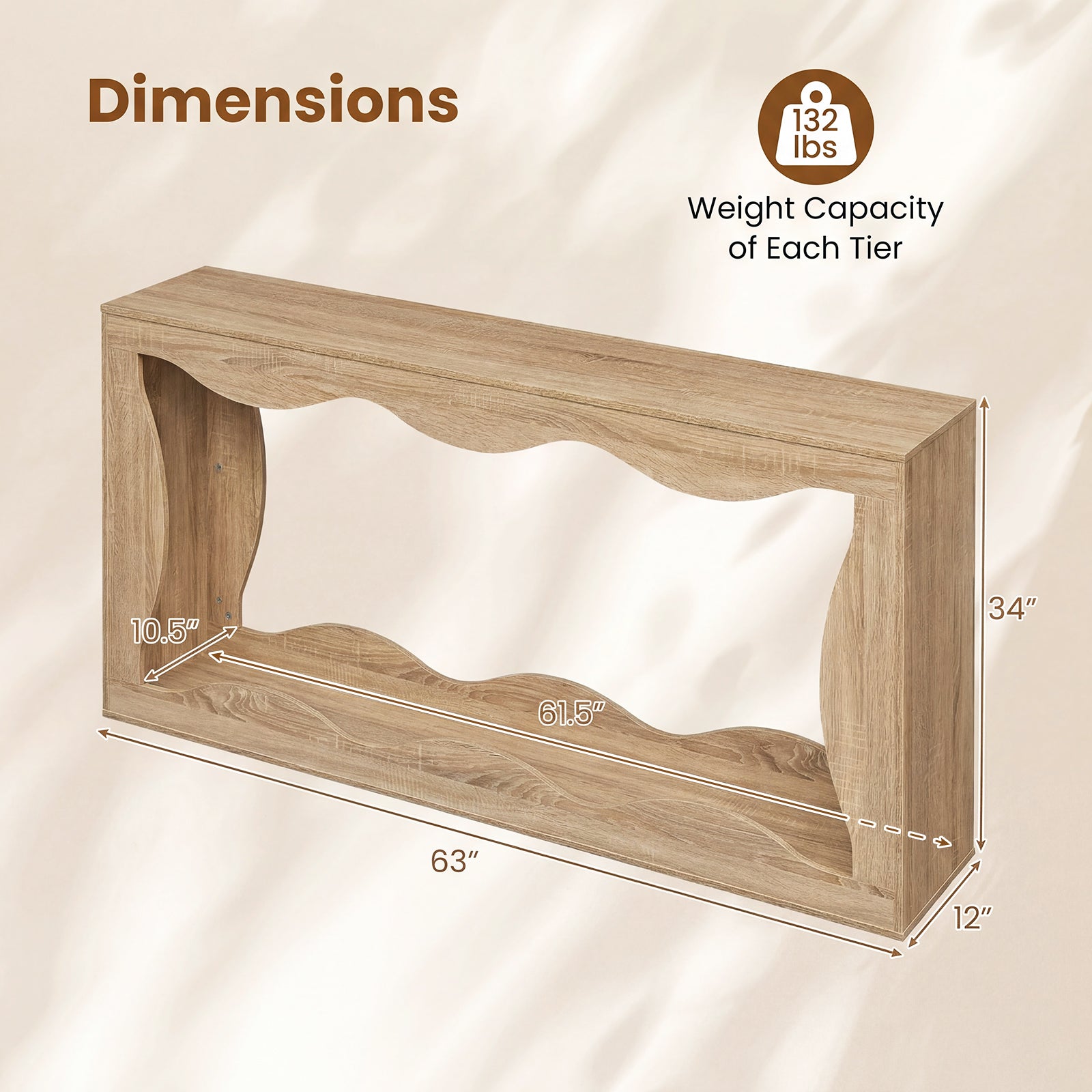 63 Inch Console Table 2-Tier Narrow Entryway Table with Wavy Edge Storage Shelf-Natural