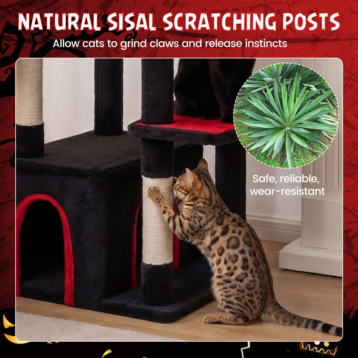 63 Inch Gothic Cat Tree with Condo and Top Cave for Large Cats 20+ LBS-Black