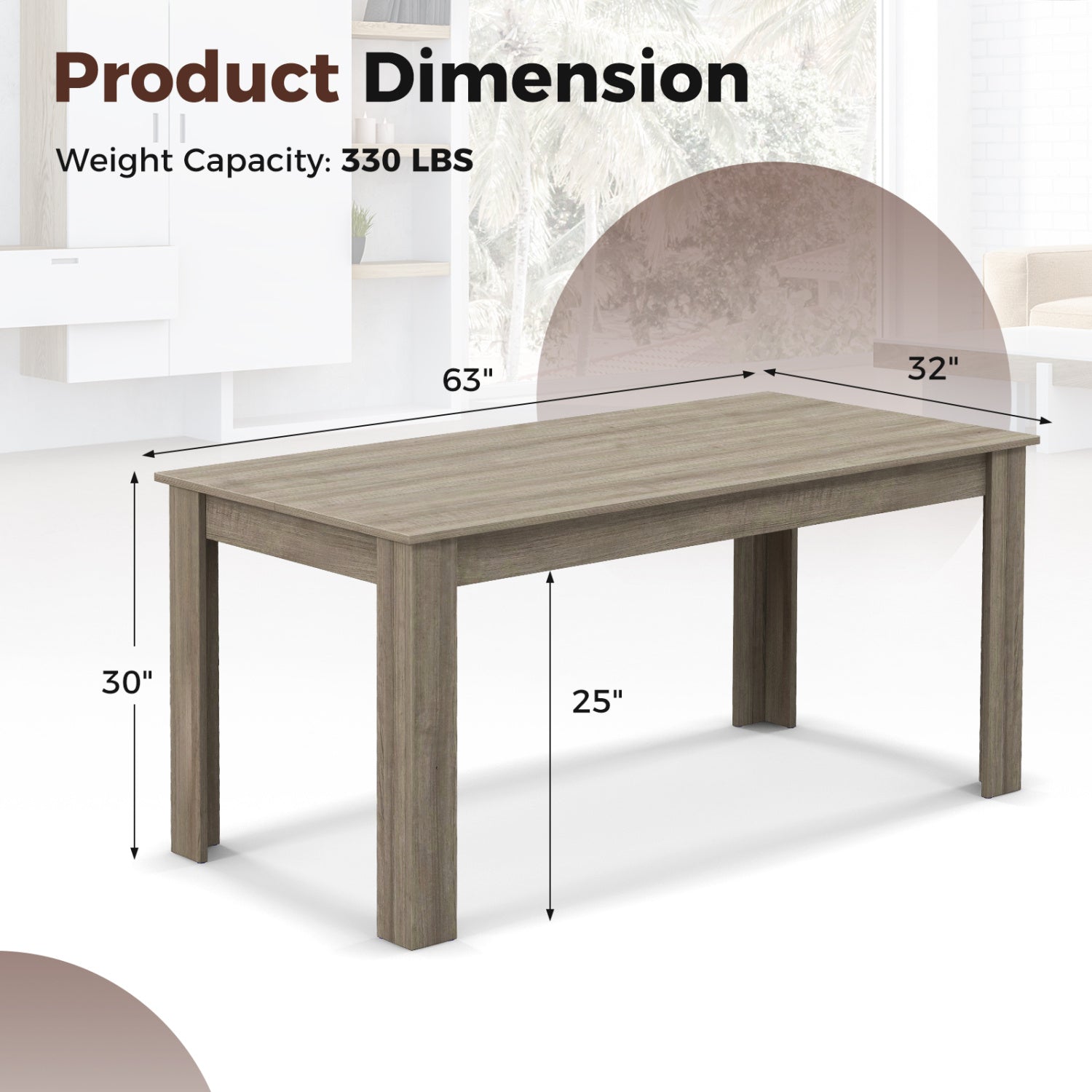 63 Inch Rectangular Modern Dining Kitchen Table-Light Gray