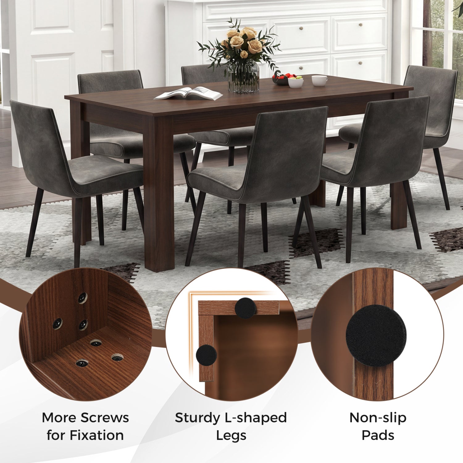 63 Inch Rectangular Modern Dining Kitchen Table-Walnut