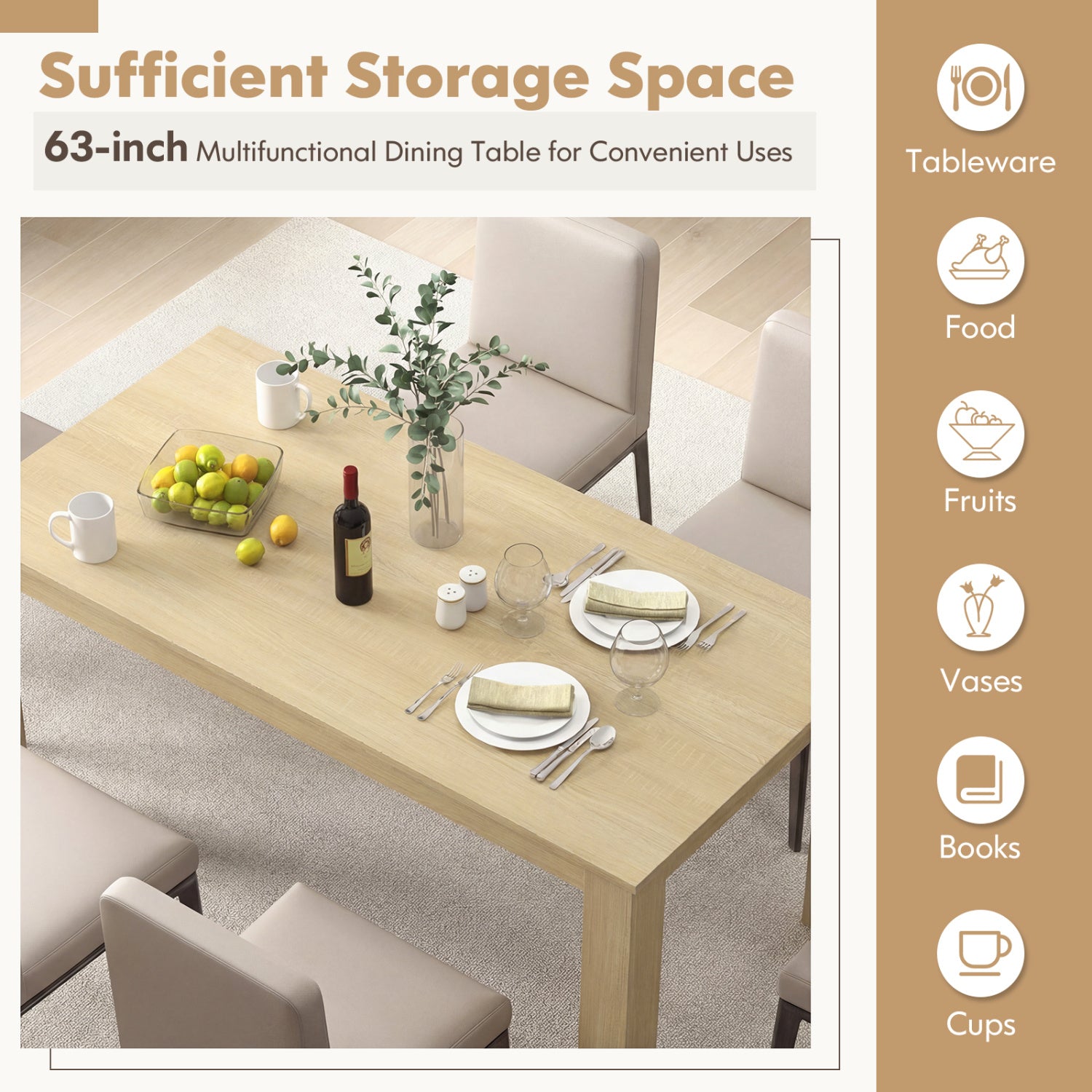 63 Inch Rectangular Modern Dining Kitchen Table-Oak