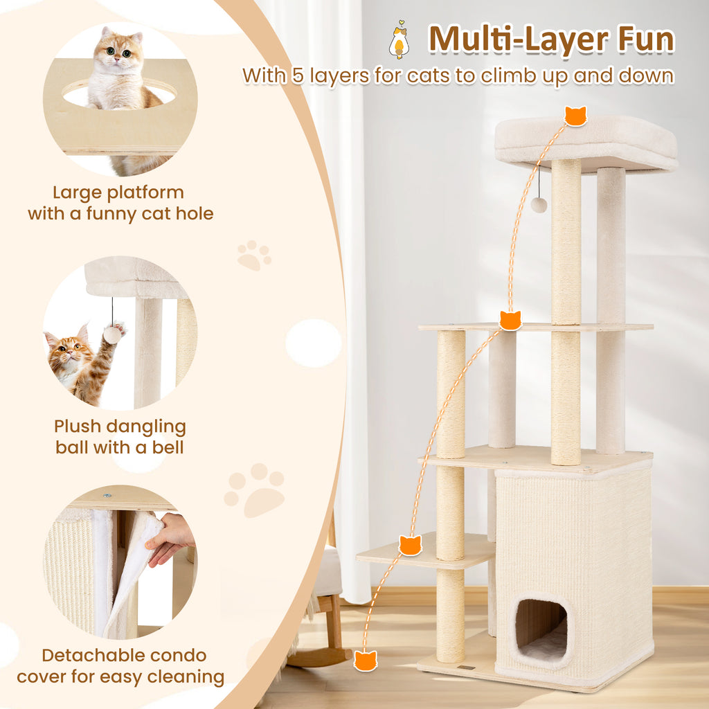 63 Inch Tall Wooden Cat Tree with 2-Story Condo and Plush Padded Top Perch-Natural