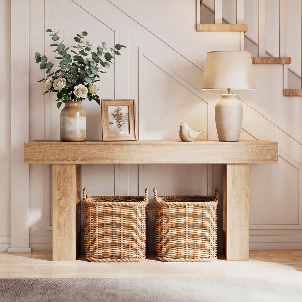 63 Inches Long Console Table Farmhouse Entryway Table with Storage-Natural