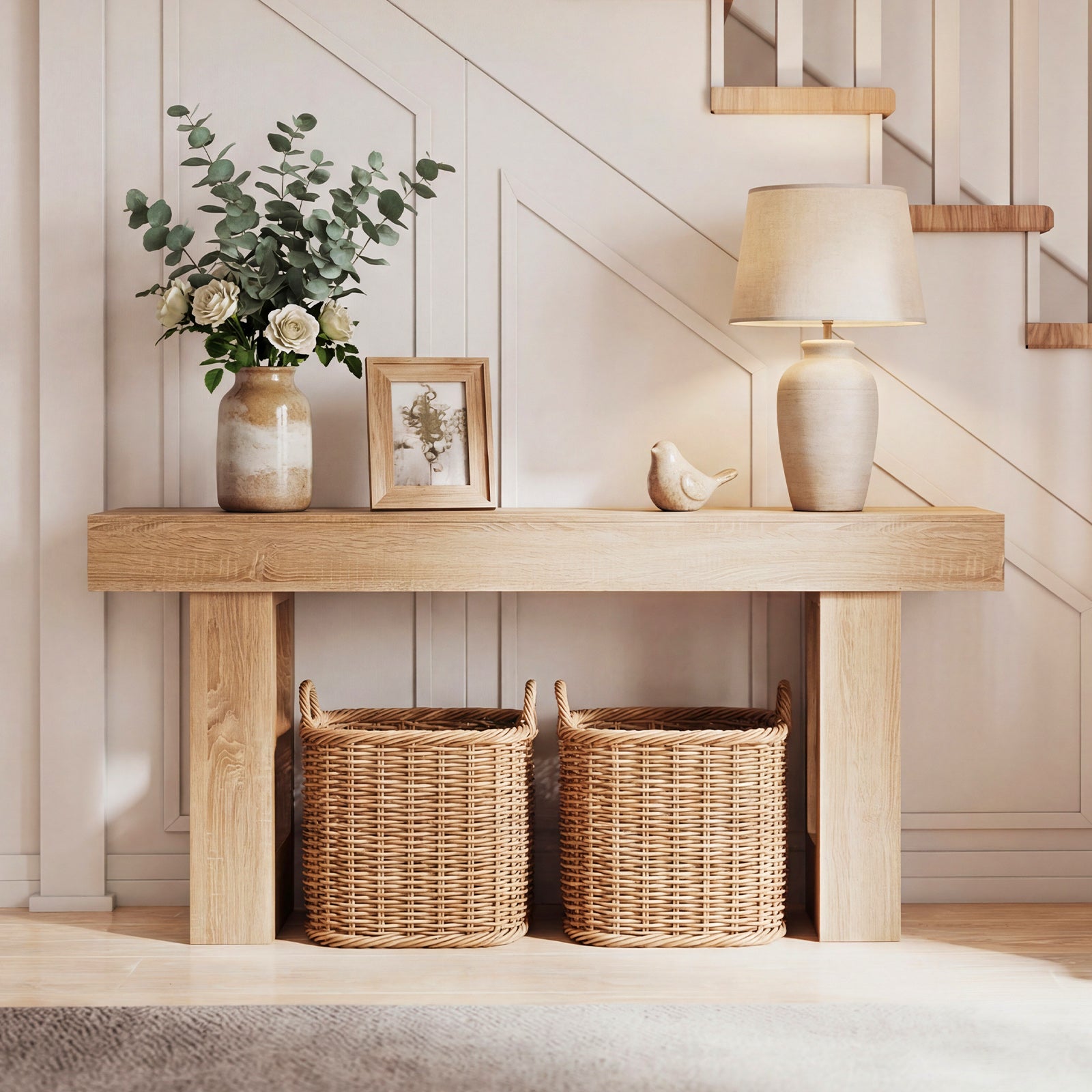 63 Inches Long Console Table Farmhouse Entryway Table with Storage-Natural